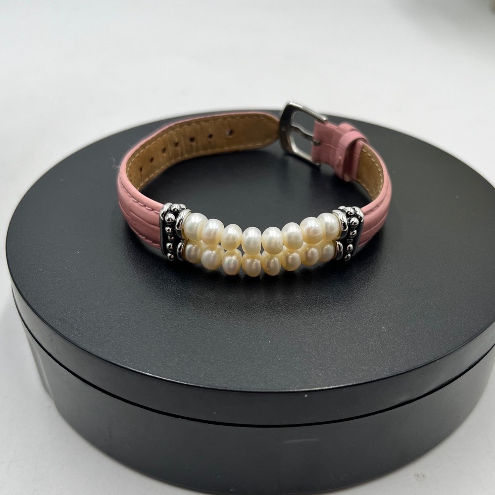 Honora Vintage‎ Genuine Pink Leather Sterling Silver White Pearl Bracelet